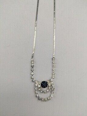 Vintage Silver Plated Necklace with Blue Crystal Center